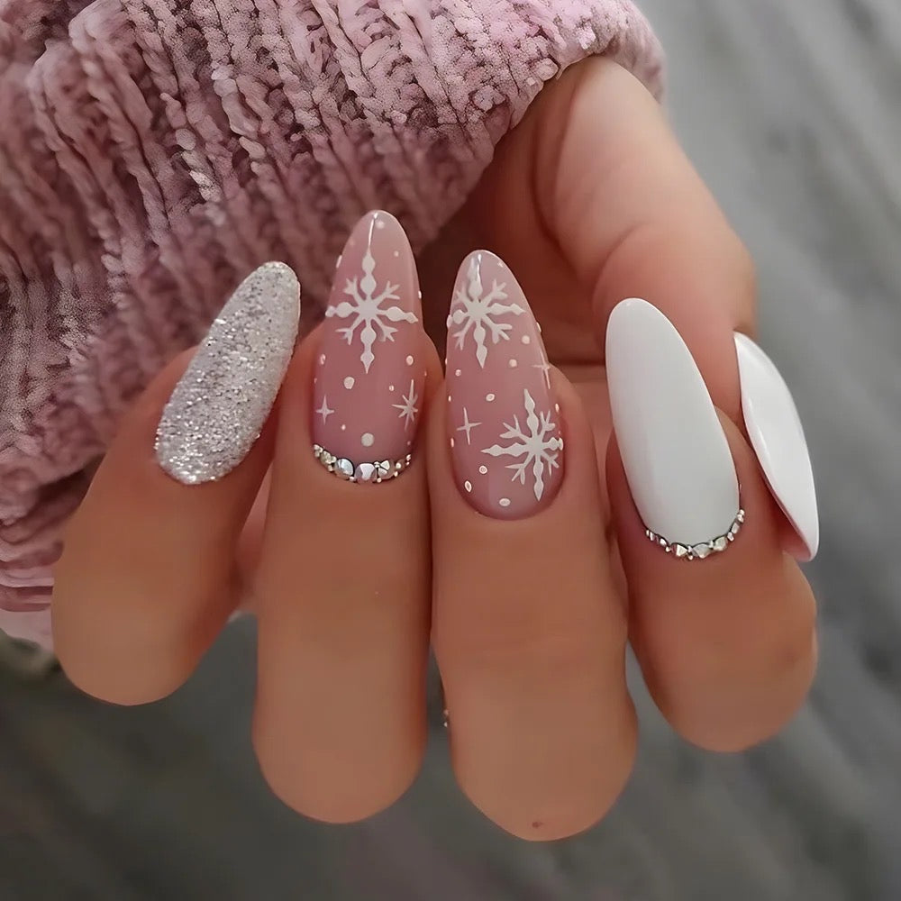 Silver Snowflakes & Rhinestones Press On Nails