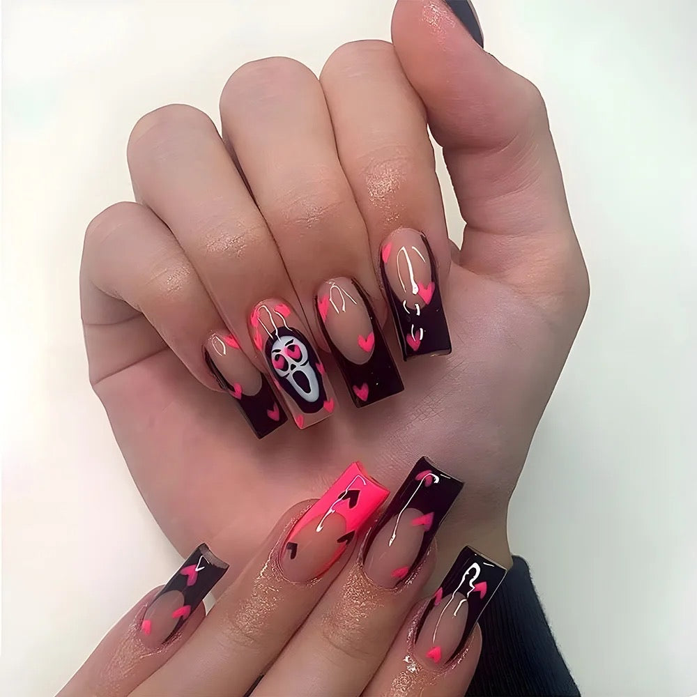 Pink & Black Ghost Face Press On Nails