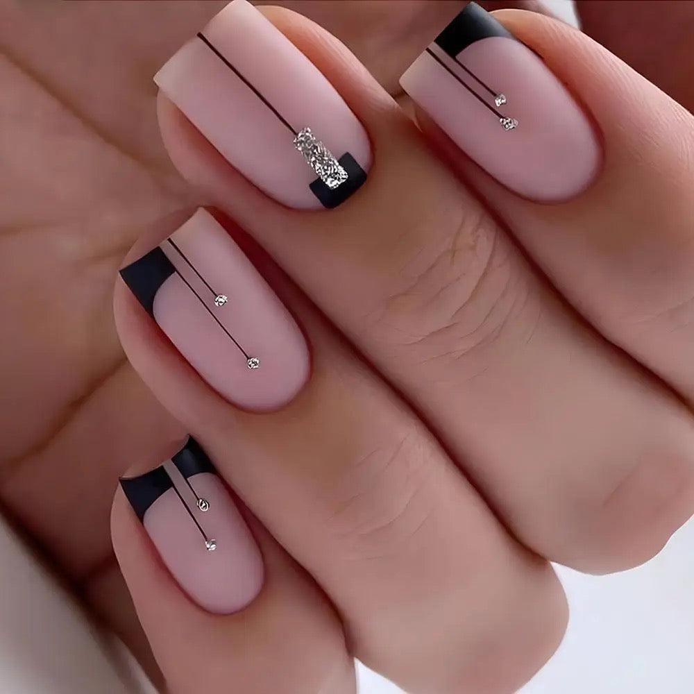 Light Pink Black Tip Diamond Press On Nails