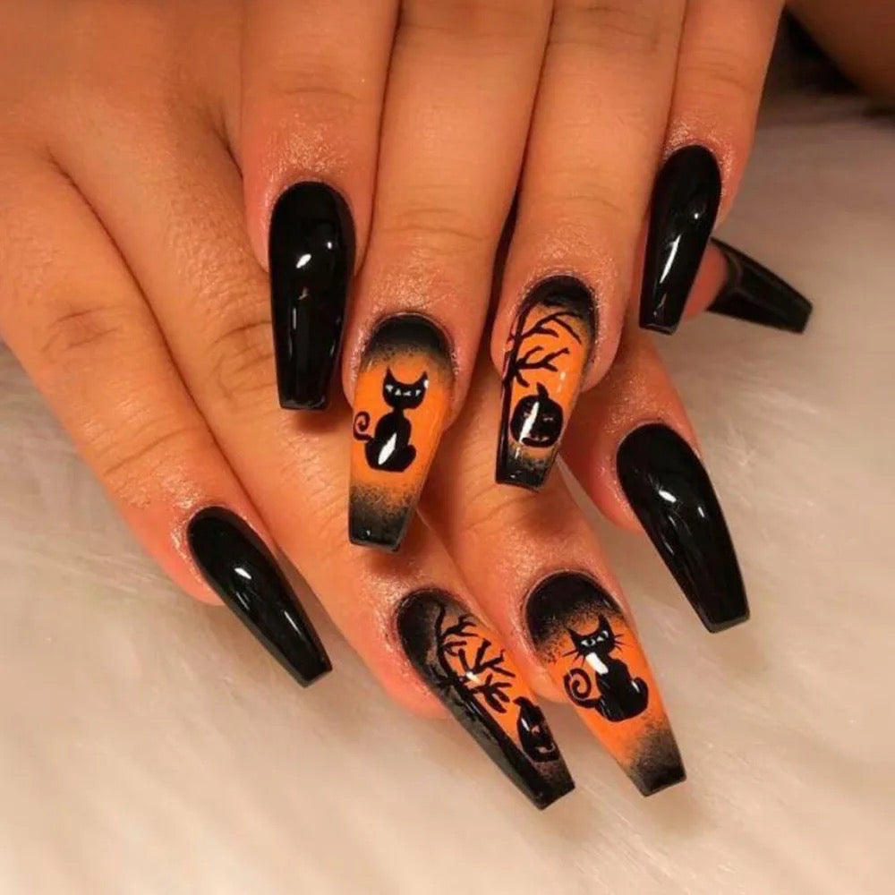 Orange & Black Halloween Spooky Press On Nails