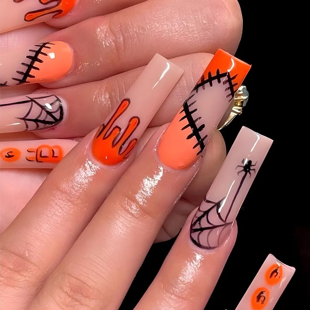 Long Orange Halloween Spooky Press On Nails