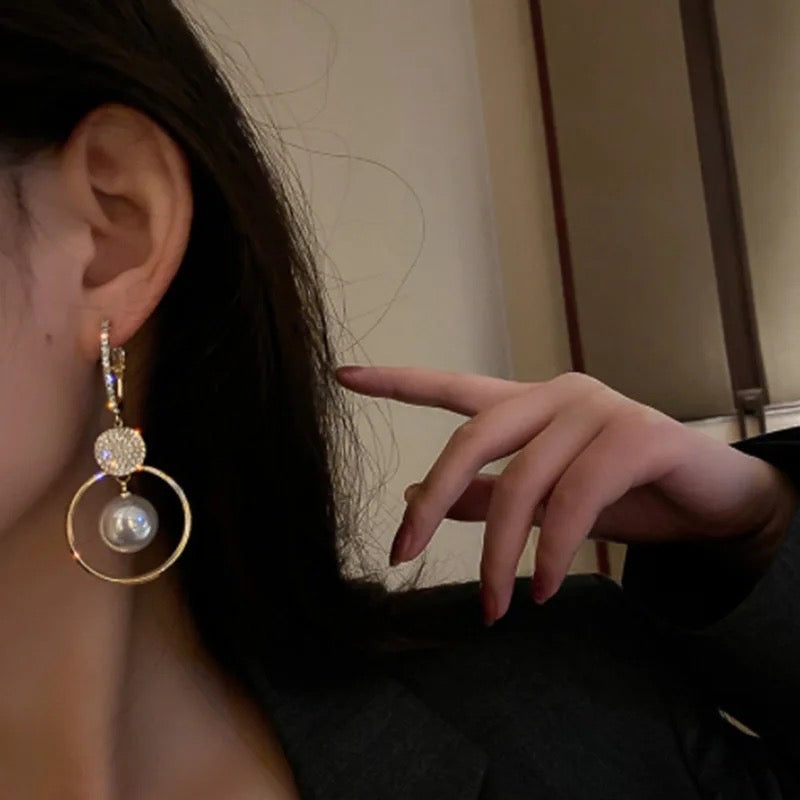 Gold White Diamond Pearl Drop Earrings