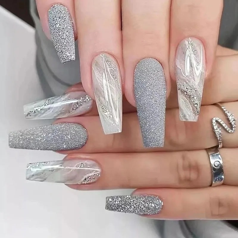 Silver & Grey Press On Nails