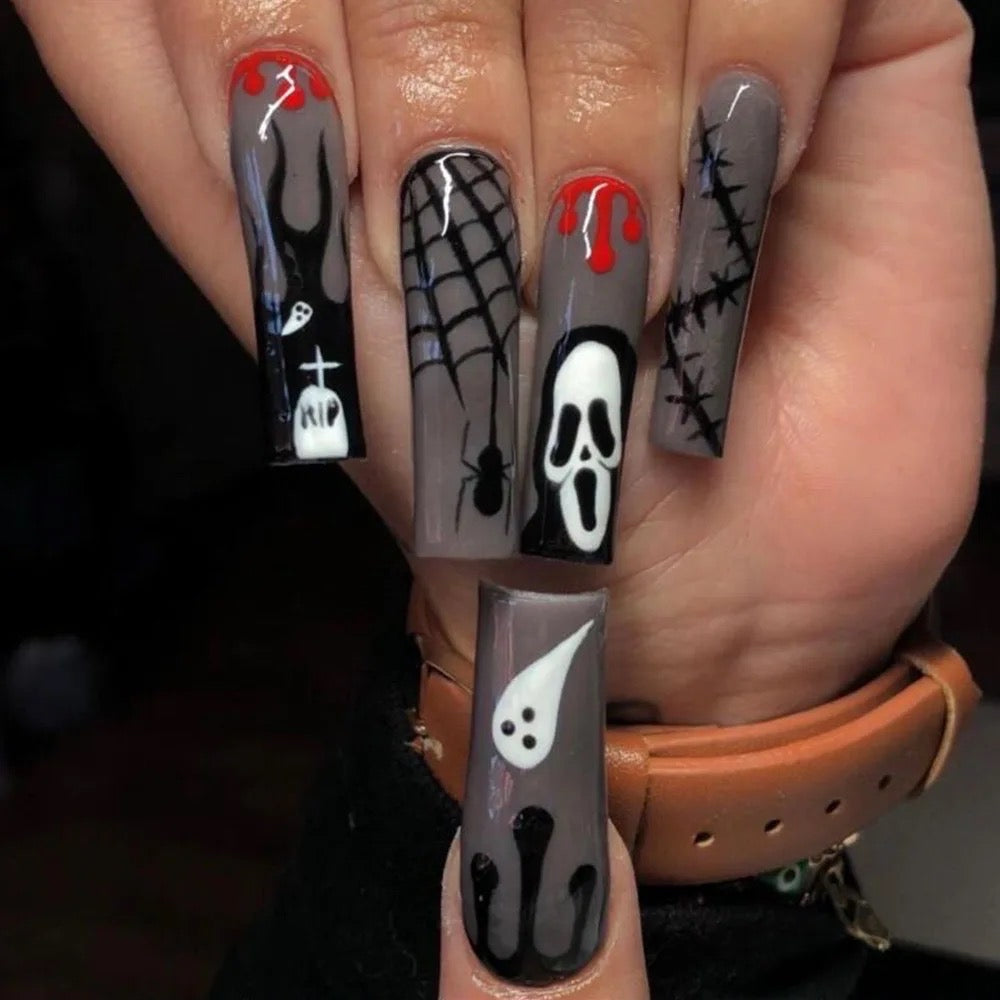 Dark Grey & Black Ghost Face Spooky Press On Nails