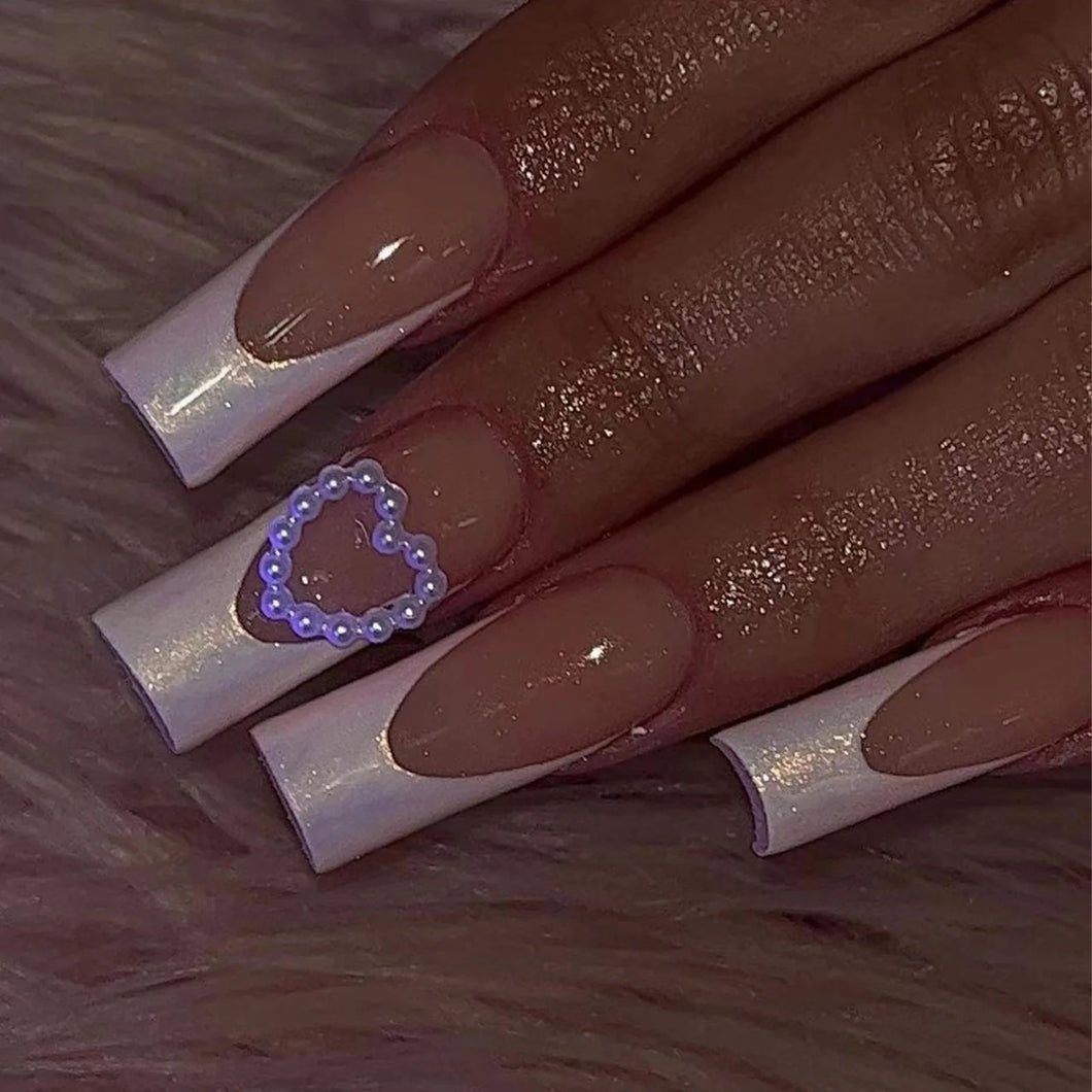 White French Tip Heart Valentines Press On Nails