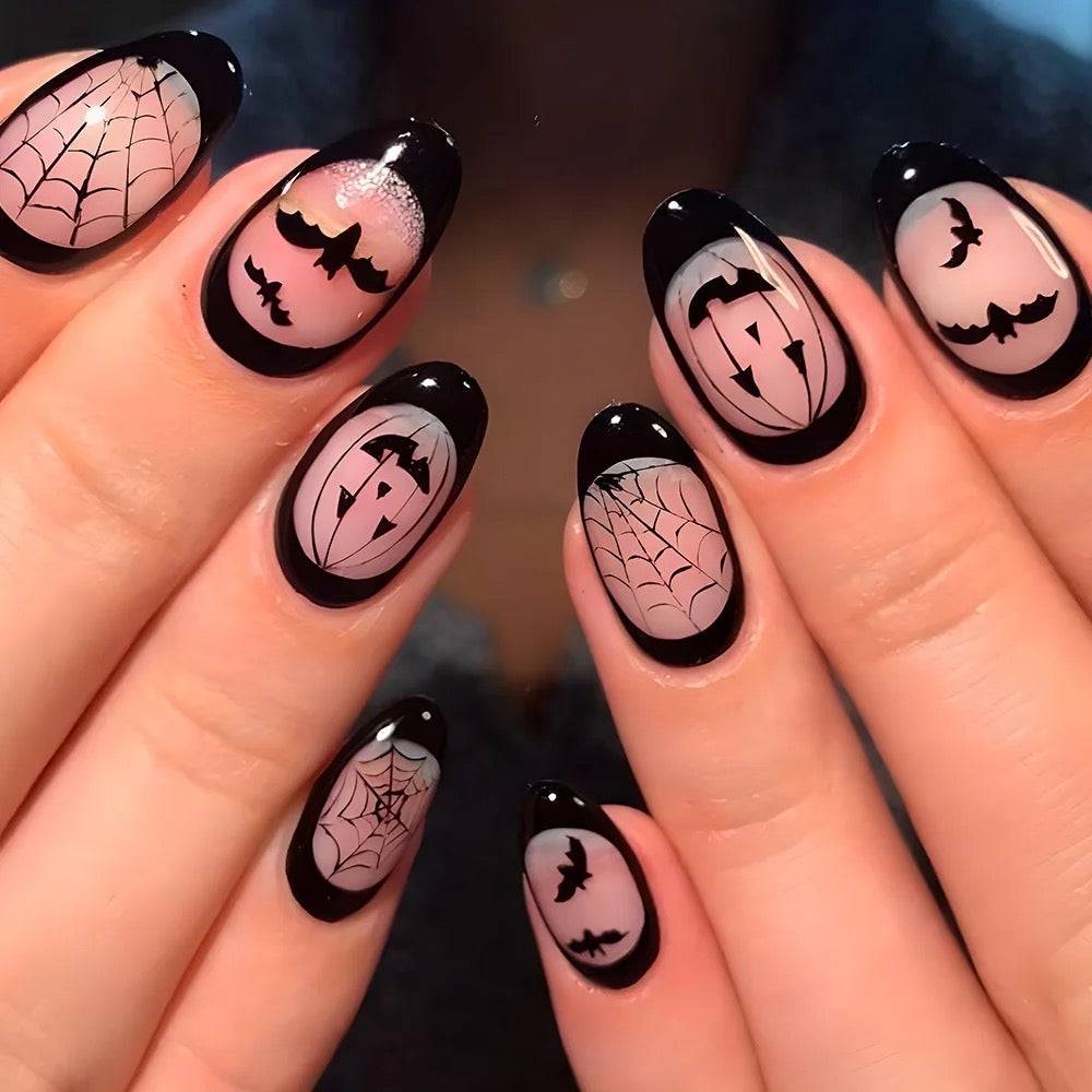 Short Black Halloween Spooky Press On Nails