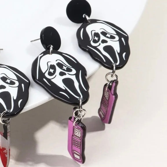 Scream With Hanging Pink Phone Spooky Earrings