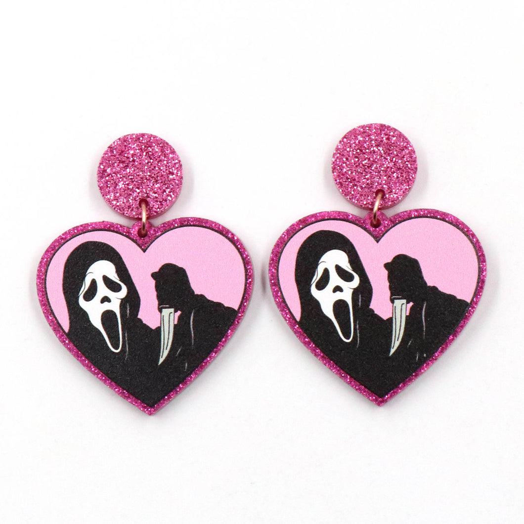 Pink Scream With Knife Spooky Earrings