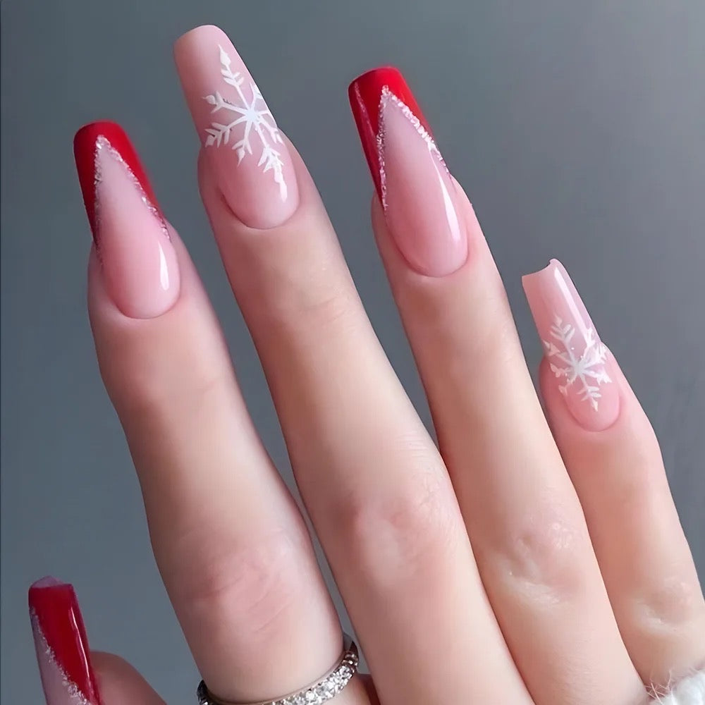 Red Tip Snowflakes Press On Nails