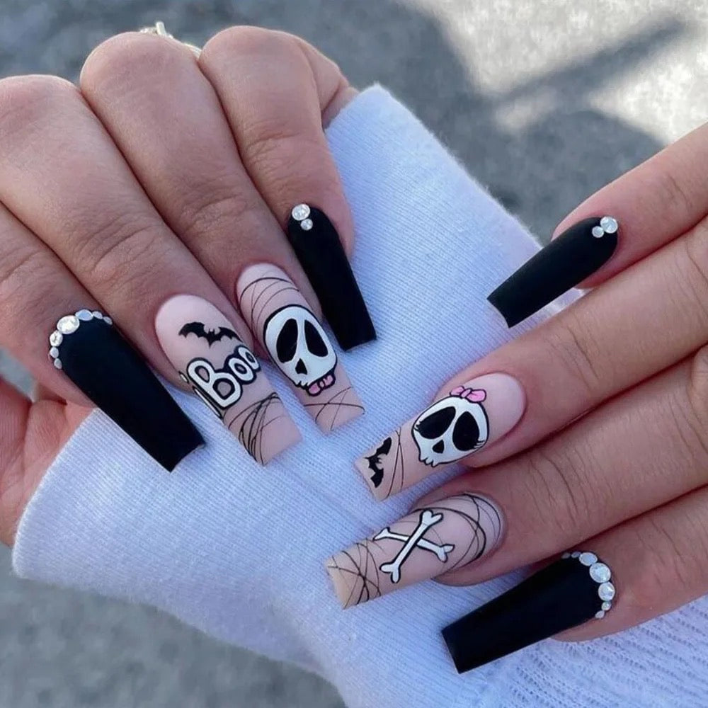 Light Pink & Black Boo Spooky Press On Nails
