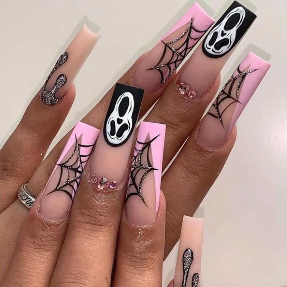 Pink Ghost Face & Webs Spooky Press On Nails