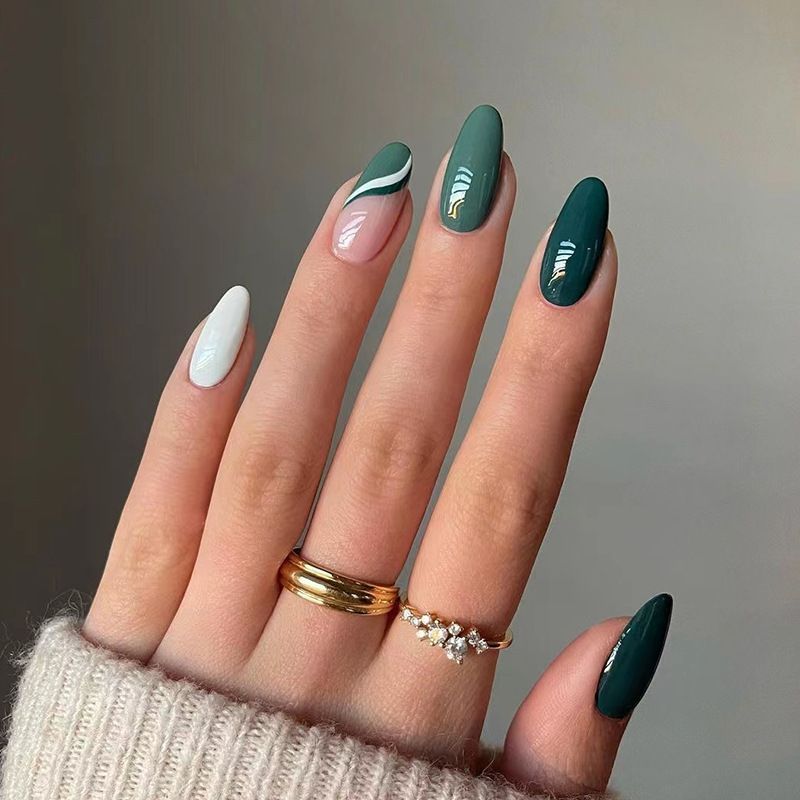 Green & White Press On Nails