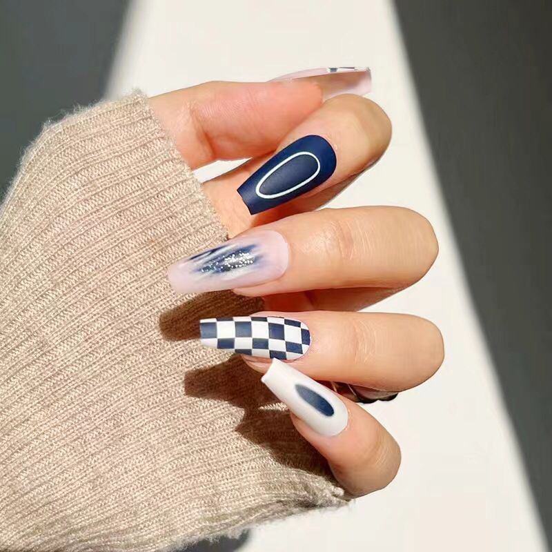 Dark Blue & White Multi Design Press On Nails